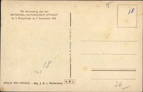 Ak 's Gravenhage Den Haag Südholland, Nationaal Historischen Optocht 1913, Emilia van Nassau