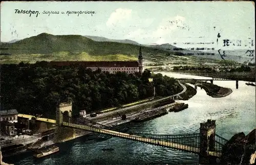 Ak Děčín Tetschen Bodenbach Elbe Region Aussig, Schloss und Kettenbrücke