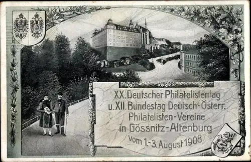 Ak Gössnitz Altenburg, Schloss, Paar in Tracht, XX. Deutscher Philatelistentag 1908