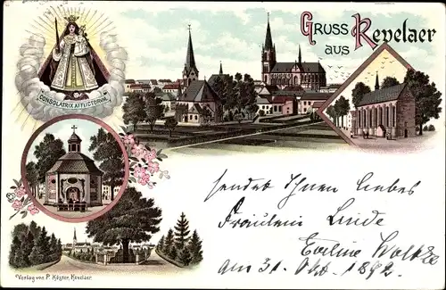 Litho Kevelaer am Niederrhein, Kapelle, Blick auf den Ort, Kirche