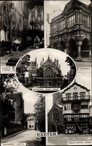 Ak Exeter England, Bishops Throne, Guildhall, Rougemont Castle, Mol's Coffee House