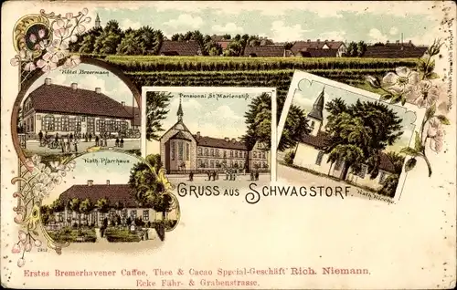 Litho Schwagstorf Fürstenau Niedersachsen, Pensionat St. Marienstift, Kirche, Hotel, Pfarrhaus