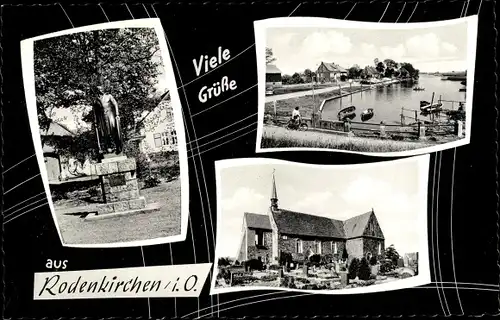 Ak Rodenkirchen in Oldenburg Stadland, Denkmal, Kirche, Wasserpartie