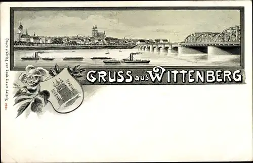 Wappen Litho Lutherstadt Wittenberg, Panorama mit Elbe, Stadtwappen