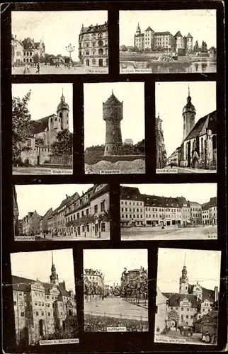 Ak Torgau an der Elbe, Wasserturm, Stadtkirche, Marktplatz, Schloss Hartenfels, Bahnhofstraße