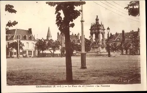 Ak Châteaudun Eure et Loir, La Place du 18 Octobre, La Fontaine