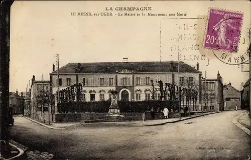 Ak Le Mesnil sur Oger Marne, La Mairie et le Monument aux Morts