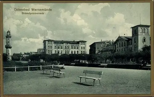 Ak Ostseebad Warnemünde Rostock, Strandpromenade, Leuchtturm