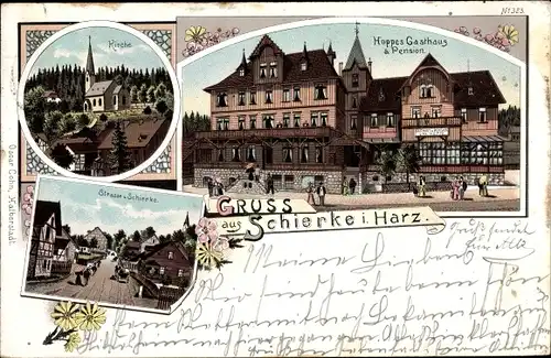 Litho Schierke Wernigerode am Harz, Kirche, Hoppes Gasthaus und Pension, Straßenpartie