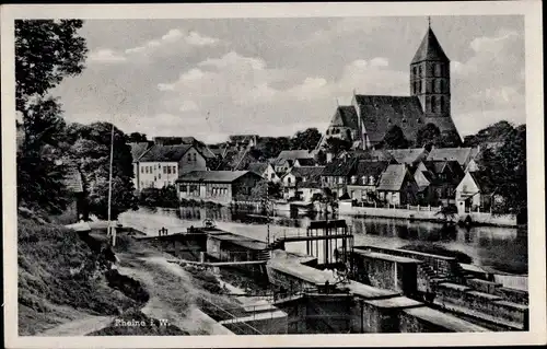 Ak Rheine in Westfalen, Schleuse, Kirche, Blick auf den Ort