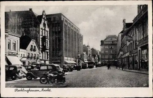 Ak Recklinghausen im Ruhrgebiet, Markt, Autos, Motorrad