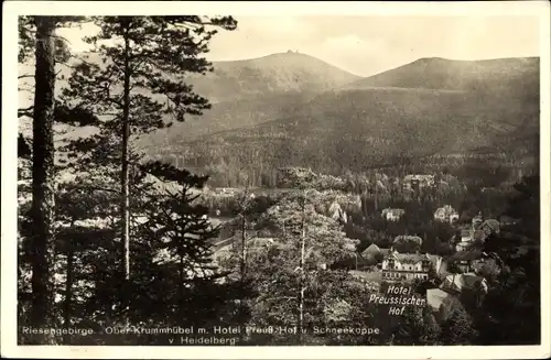 Ak Karpacz Krummhübel im Riesengebirge Schlesien, Panorama mit Hotel Preußischer Hof und Schneekoppe