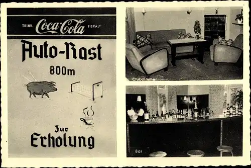 Ak Friedrichsholm in Schleswig Holstein, Autorast zur Erholung, Clubzimmer, Bar, Coca Cola Reklame