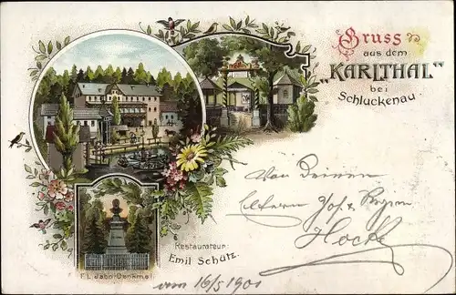 Litho Karlovo údolí Karlthal Ústecký kraj, Restaurant, F. L. Jahn Denkmal
