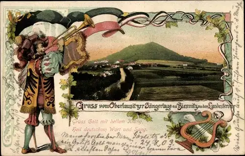 Litho Biesnitz Görlitz in der Lausitz, Sängertage, Landeskrone, Trompeter