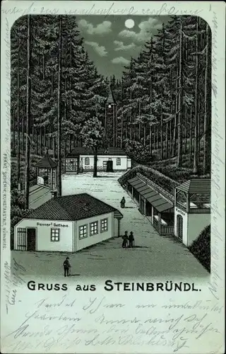 Mondschein Litho Krummnußbaum in Niederösterreich, Gasthaus Steinbründl