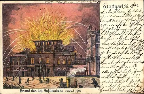 Litho Stuttgart am Neckar, Brand des Kgl. Hoftheaters 1902