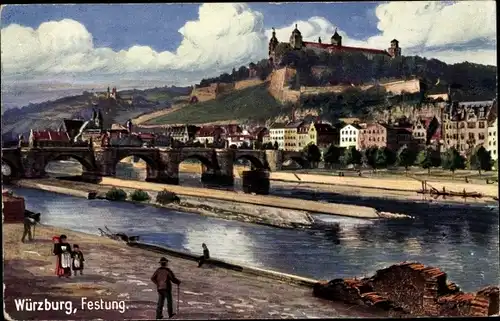 Künstler Ak Würzburg am Main Unterfranken, Festung, Brücke