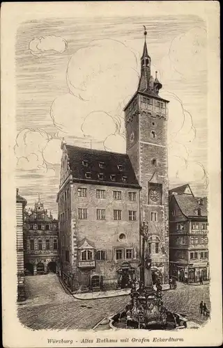 Künstler Ak Würzburg am Main Unterfranken, altes Rathaus mit Grafen Eckard Turm, Nr. 341