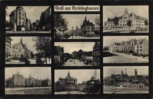 Ak Recklinghausen im Ruhrgebiet, Zeche, Markt, Bergwerksdirektion, Knappschaftskrankenhaus