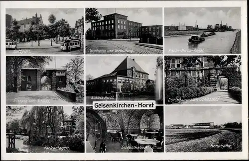 Ak Horst Gelsenkirchen im Ruhrgebiet, Sparkasse, Rennbahn, Schlosskeller, Amtsplatz