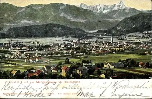 Ak Villach in Kärnten, Panorama mit Mangartgruppe im Hintergrund