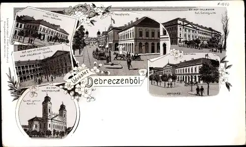 Litho Debrecen Debreczin Ungarn, Hauptplatz, Stadthaus, Collegium