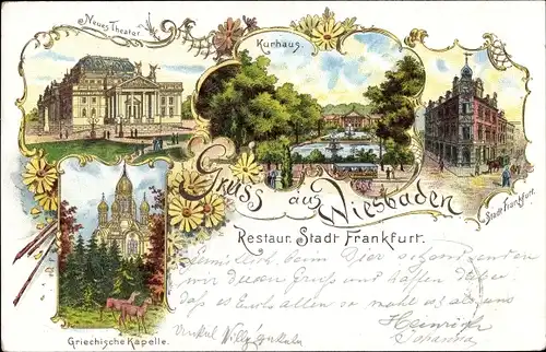 Litho Wiesbaden in Hessen, Restaurant Stadt Frankfurt, Kurhaus, Griechische Kapelle