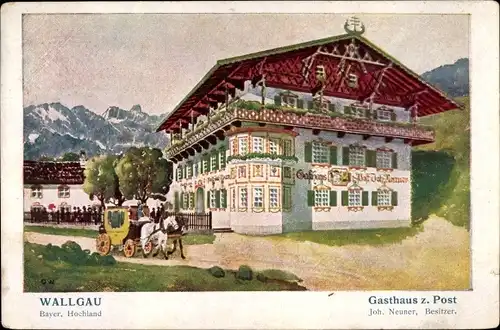 Künstler Ak Wallgau Oberbayern, Gasthaus zum Post, Außenansicht