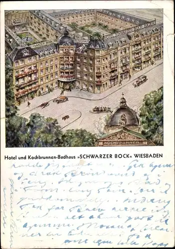 Künstler Ak Wiesbaden in Hessen, Hotel und Kochbrunnen Badhaus Schwarzer Bock