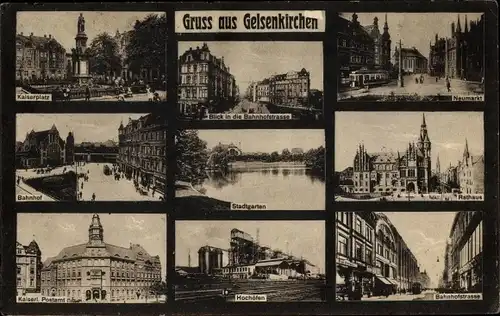 Ak Gelsenkirchen im Ruhrgebiet, Neumarkt, Rathaus, Stadtgarten, Postamt, Hochöfen, Kaiserplatz