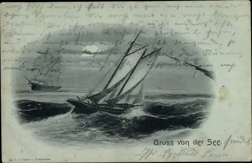 Mondschein Ak Gruß von der See, Segelschiffe