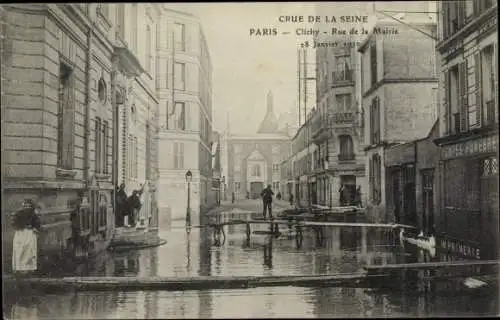 Ak Clichy Hauts de Seine, Crue de la Seine, 28 Janvier 1910, Rue de la Mairie