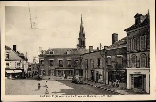 Ak Chemillé Maine et Loire, La Place du Marché, Libairie