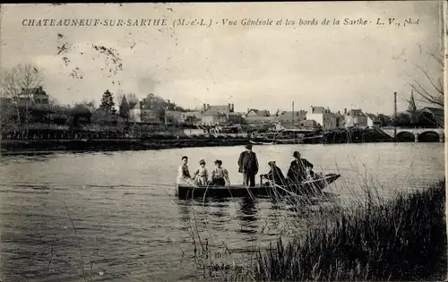 Ak Chateauneuf sur Sarthe Maine-et-Loire, Vue Générale et les bords de la Sarthe