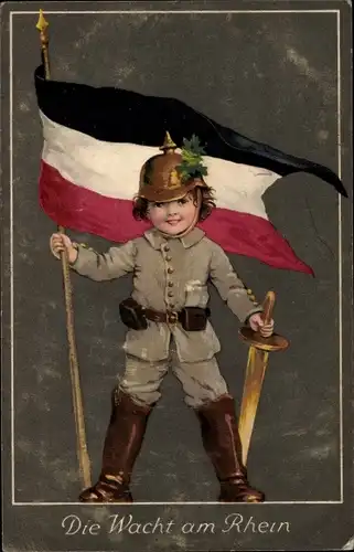Künstler Ak Die Wacht am Rhein, Junge in Uniform mit Fahne