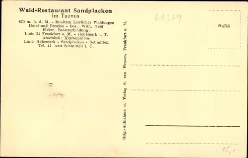 Ak Schmitten im Taunus Hessen, Wald Restaurant Sandplacken, Außenansicht