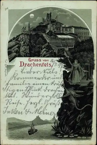 Mondschein Litho Königswinter, Drachenfels bei Mondenschein