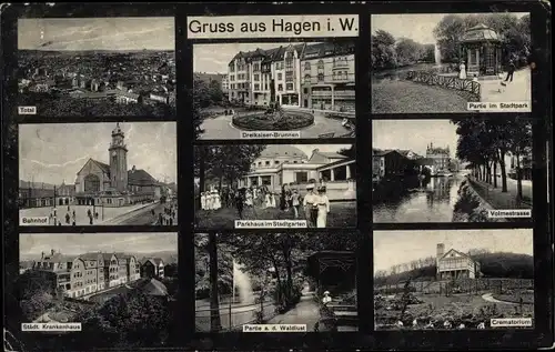 Ak Hagen in Westfalen, Totale, Bahnhof, Krematorium, Krankenhaus, Parkhaus, Brunnen