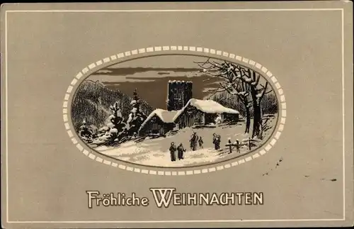 Litho Glückwunsch Weihnachten, Winterlandschaft mit Kirche