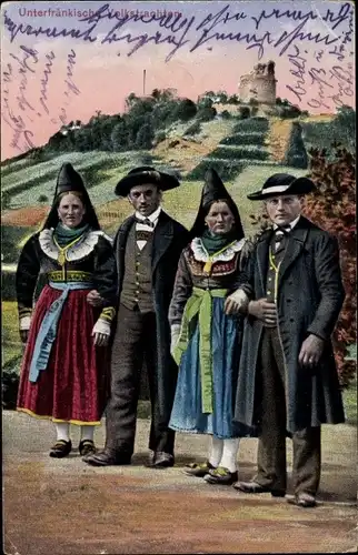 Ak Männer und Frauen in unterfränkischen Volkstrachten
