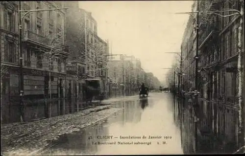 Ak Clichy Hauts de Seine, Inondations de Janvier 1910, Le Boulevard National submerge