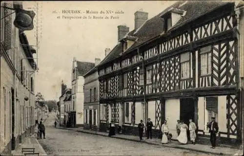 Ak Houdan Yvelines, Maison du XV siecle et Perspective de la Route de Paris