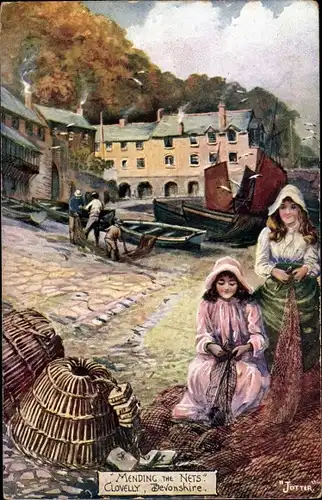 Künstler Ak Clovelly Devon South West England, Mending the Nets