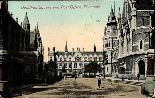 Ak Plymouth Devon South West England, Guildhall Square and Post Office