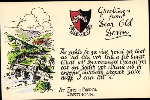 Künstler Ak Dartmoor Devon South West England, Greetings from dear old Devon, at Fingle Bridge