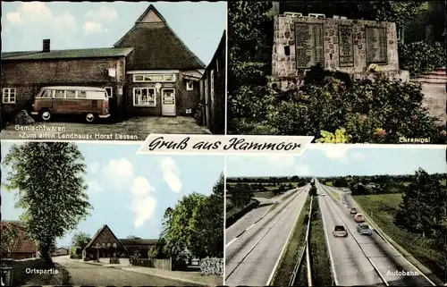 Ak Hammoor in Schleswig Holstein, Zum alten Landhaus, Inh. Horst Lassen, Ehrenmal, Autobahn