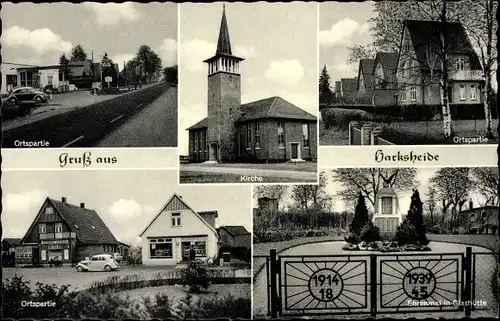 Ak Harksheide Norderstedt Schleswig Holstein, Kirche, Ehrenmal Glashütte, Geschäftshäuser