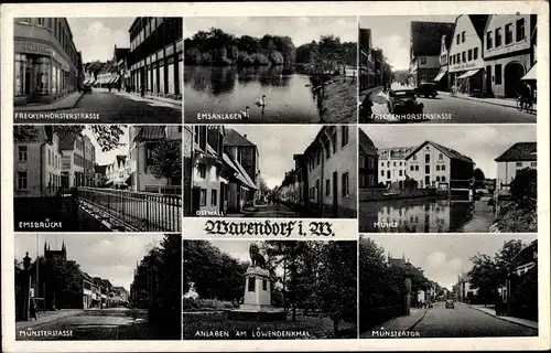 Ak Warendorf im Münsterland, Freckenhorster Straße, Emsanlagen, Ostwall, Münsterstraße, Löwendenkmal