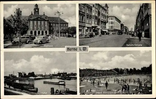 Ak Herne im Ruhrgebiet, Rathaus, Bahnhofstraße, Hafen, Städtisches Sommerbad